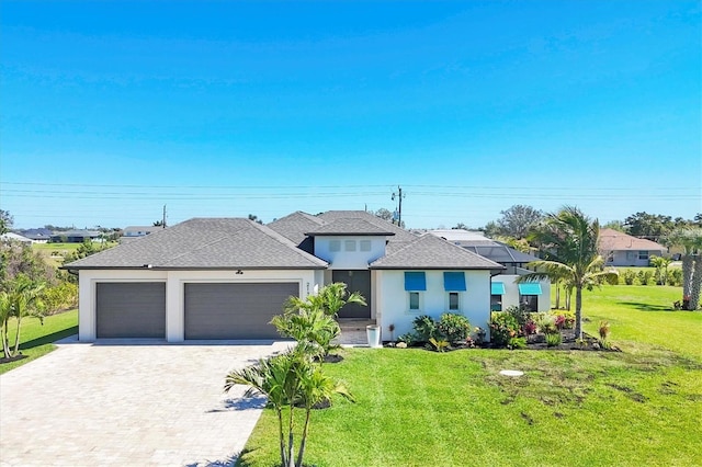 view of front of property with a garage, decorative driveway, roof with shingles, and a front yard