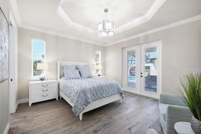 bedroom featuring a tray ceiling, wood finished floors, access to exterior, and french doors