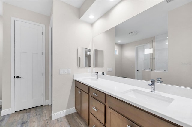 bathroom with a sink, baseboards, wood finished floors, and double vanity