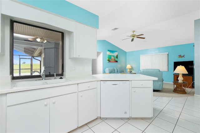 kitchen with visible vents, ceiling fan, a sink, dishwasher, and open floor plan