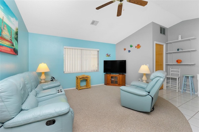 living room with baseboards, visible vents, a ceiling fan, and lofted ceiling