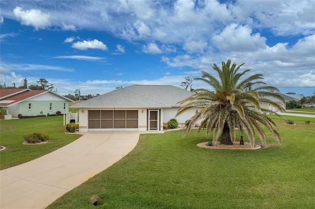 view of front of property with stucco siding, a front lawn, concrete driveway, a shingled roof, and a garage