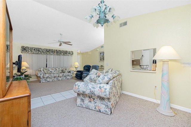 carpeted living room featuring visible vents, baseboards, lofted ceiling, ceiling fan with notable chandelier, and tile patterned floors