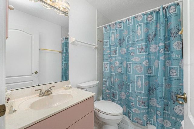 bathroom with a shower with curtain, toilet, and vanity