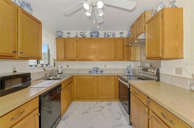 kitchen with a sink, black appliances, light countertops, under cabinet range hood, and marble finish floor