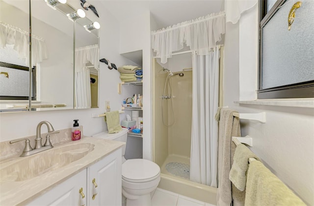 bathroom with tile patterned floors, vanity, toilet, and a shower stall