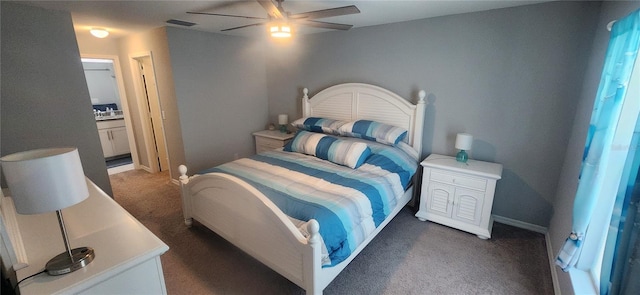 bedroom featuring ensuite bathroom, visible vents, carpet floors, and ceiling fan