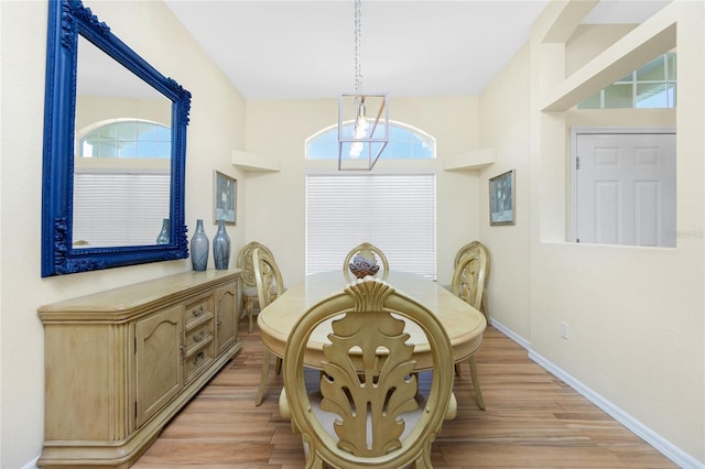 dining room with a wealth of natural light, baseboards, and light wood-style floors