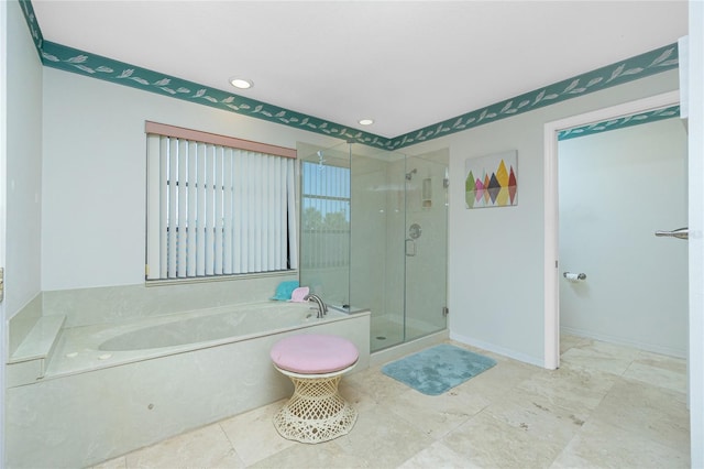 full bath with a shower stall, a bath, recessed lighting, and baseboards