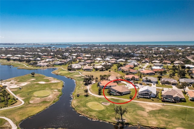 aerial view featuring a water view and a residential view