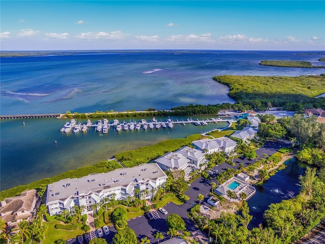 birds eye view of property with a residential view and a water view