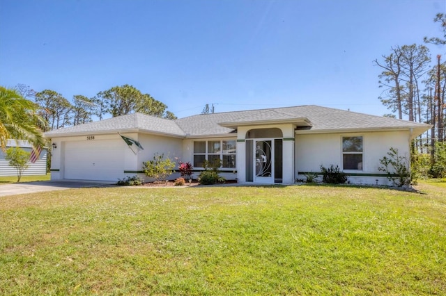 ranch-style house featuring stucco siding, a front yard, concrete driveway, and an attached garage