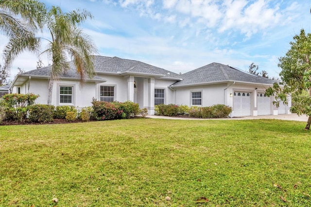 view of front of home with a front lawn, concrete driveway, roof with shingles, stucco siding, and an attached garage