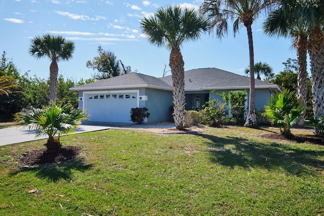 ranch-style house featuring stucco siding, an attached garage, concrete driveway, and a front lawn