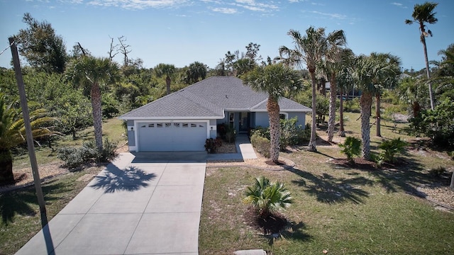 ranch-style home with concrete driveway, an attached garage, and a front lawn