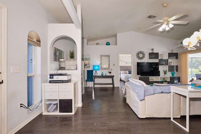 living room with a ceiling fan, visible vents, baseboards, dark wood finished floors, and lofted ceiling