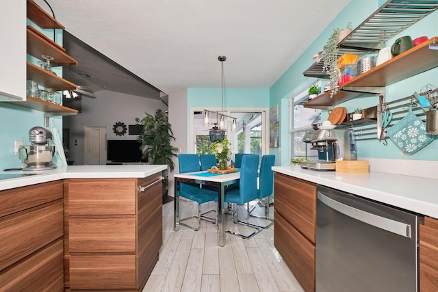 kitchen with open shelves, stainless steel dishwasher, modern cabinets, and brown cabinetry