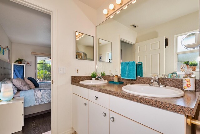 bathroom with wood finished floors, visible vents, ensuite bathroom, and a sink