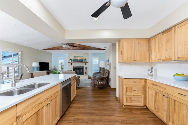 kitchen with a sink, ceiling fan, and light brown cabinets