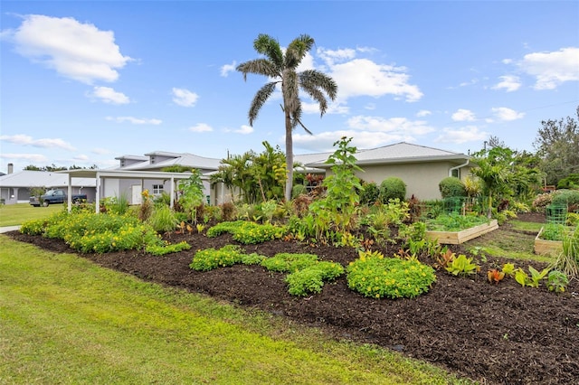 exterior space featuring stucco siding, a lawn, and a garden