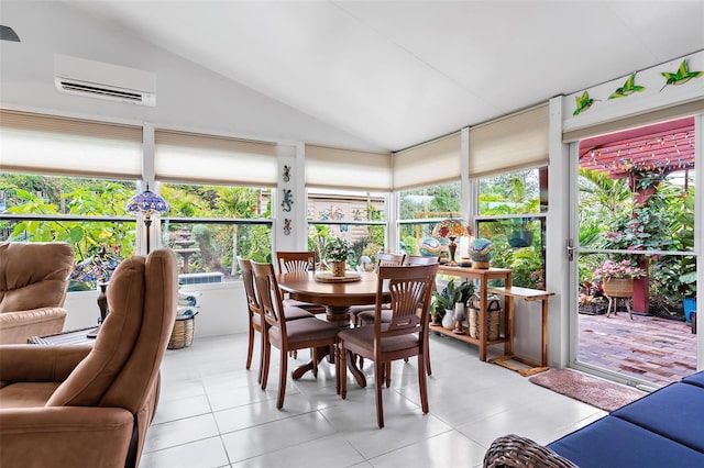 sunroom / solarium with a wall mounted air conditioner and vaulted ceiling