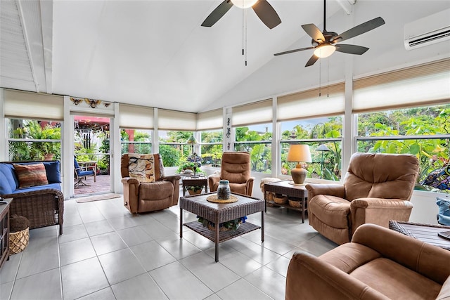 sunroom with a wall mounted AC, a ceiling fan, and vaulted ceiling