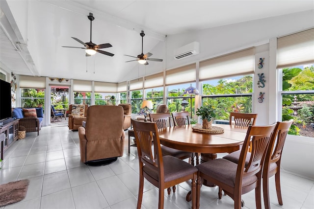 dining area with ceiling fan, a wall unit AC, light tile patterned flooring, and beam ceiling