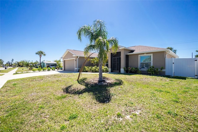 ranch-style house featuring a front yard, a gate, driveway, an attached garage, and stucco siding