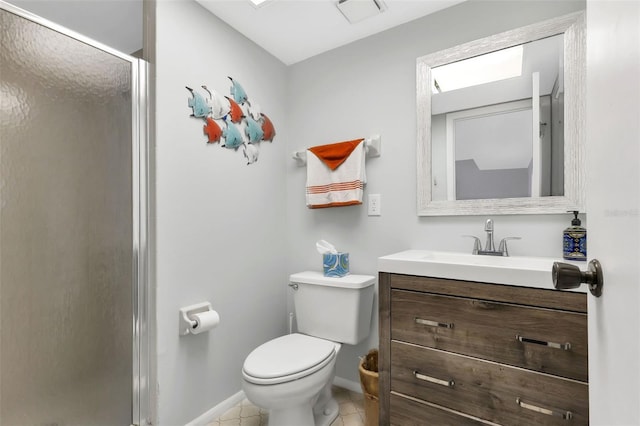 full bathroom with vanity, visible vents, a stall shower, tile patterned flooring, and toilet