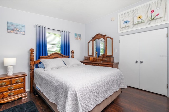 bedroom with wood finished floors and a closet