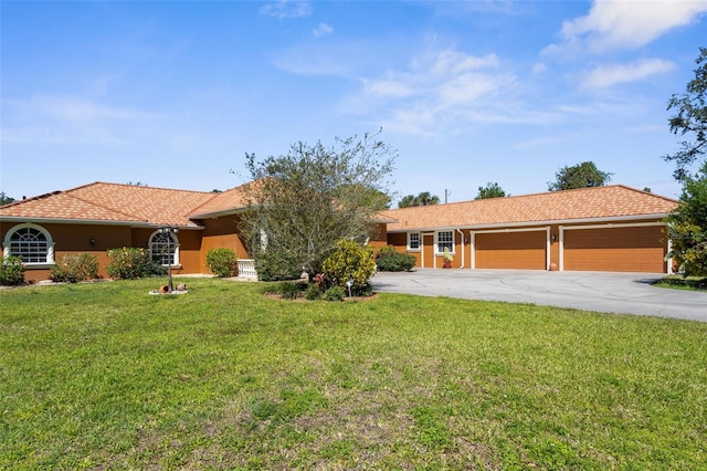 ranch-style house with a front yard, a garage, driveway, and stucco siding