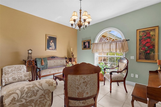 living room featuring light tile patterned floors, baseboards, and an inviting chandelier