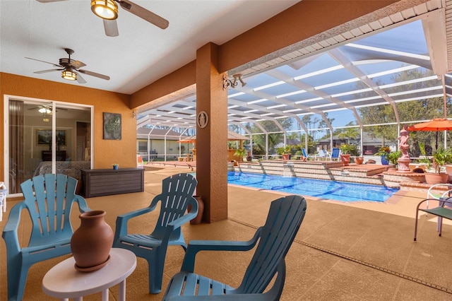 exterior space featuring ceiling fan, a patio, and a lanai