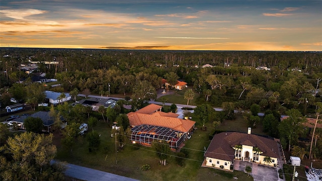 aerial view at dusk with a forest view