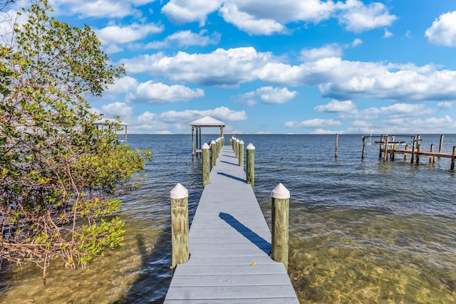 view of dock featuring boat lift and a water view