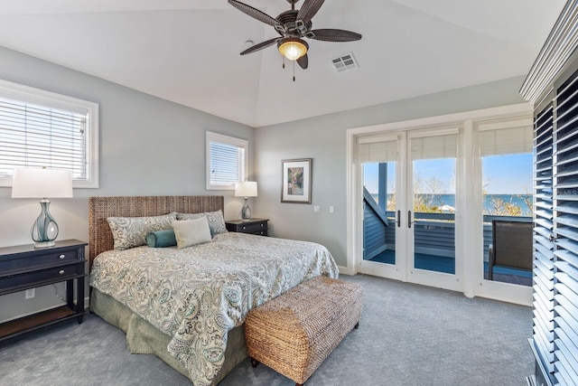 bedroom with visible vents, vaulted ceiling, carpet flooring, a ceiling fan, and access to outside