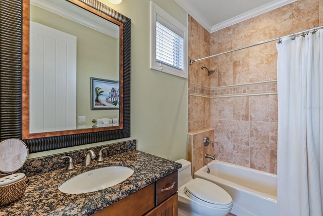 bathroom featuring vanity, crown molding, toilet, and shower / bath combo