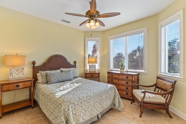 bedroom featuring multiple windows, baseboards, visible vents, and ceiling fan