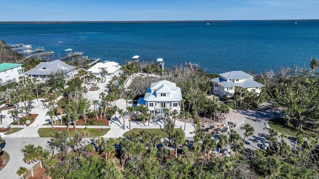 drone / aerial view with a residential view and a water view