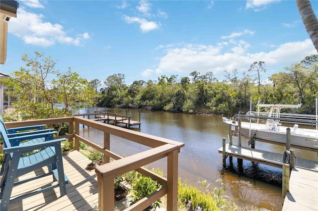 dock area featuring boat lift and a water view