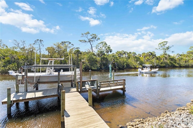 dock area with boat lift and a water view