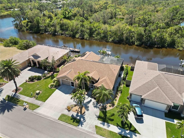 bird's eye view with a water view