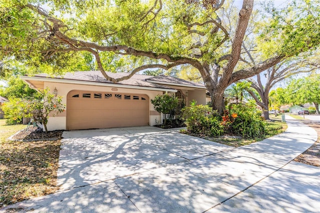 view of front of home with concrete driveway, a garage, and stucco siding