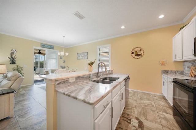 kitchen with visible vents, ornamental molding, a sink, black range with electric cooktop, and white cabinetry