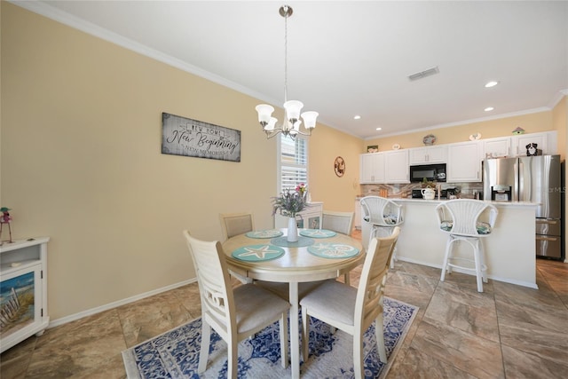 dining area featuring visible vents, crown molding, baseboards, a chandelier, and recessed lighting