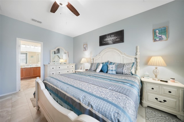 bedroom with light tile patterned floors, baseboards, visible vents, ceiling fan, and ensuite bathroom