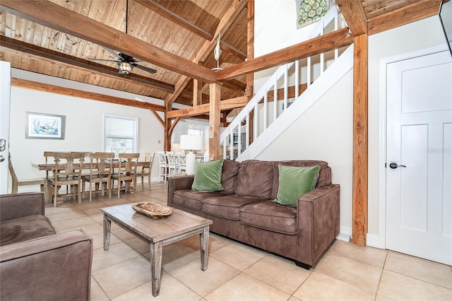 living area featuring wooden ceiling, stairway, a ceiling fan, and lofted ceiling with beams