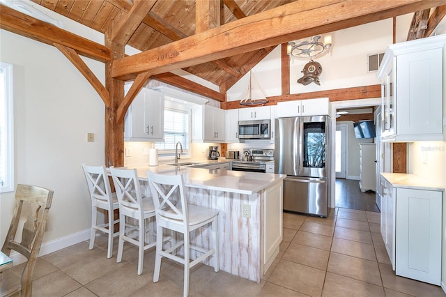 kitchen featuring a peninsula, lofted ceiling with beams, a sink, stainless steel appliances, and light countertops