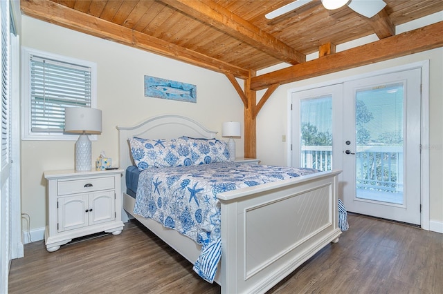 bedroom with multiple windows, wooden ceiling, dark wood-style flooring, and access to outside