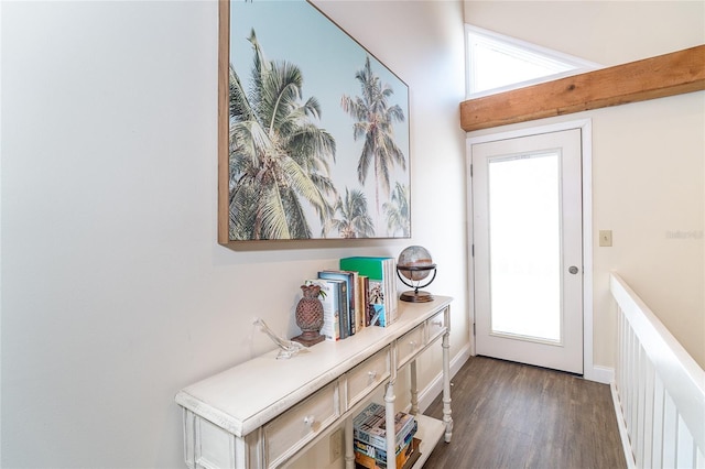 entryway with baseboards and wood finished floors